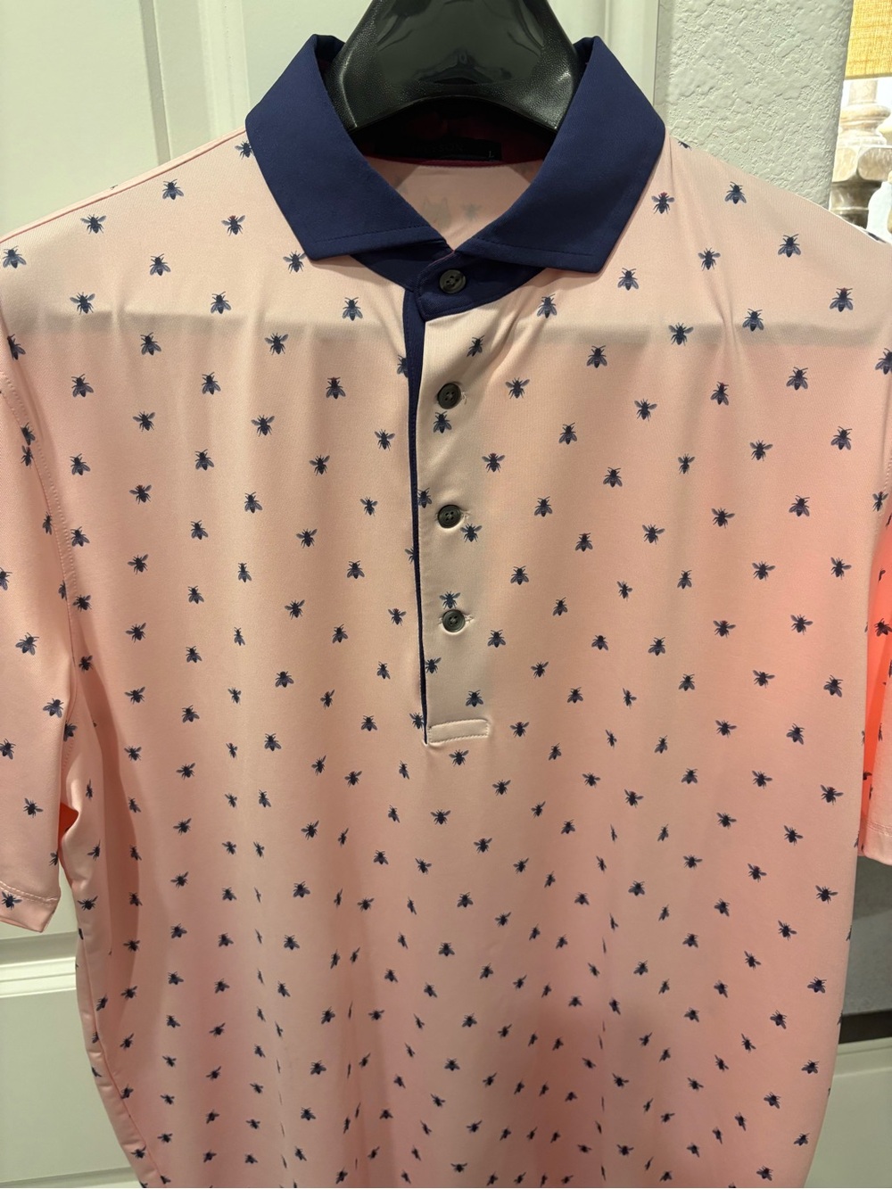 Greyson Pink Polo with Navy Collar and Micro Bee Motif